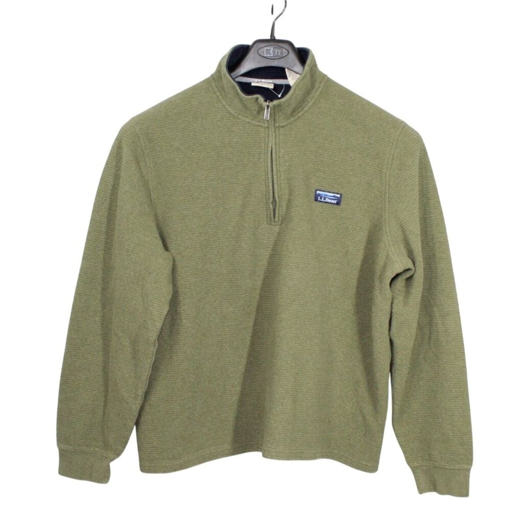 LL Bean Lakewashed Double Knit Quarter Zip Pullover Deep Olive Heather XL